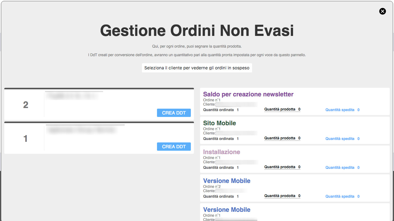 Gestione ordine non evasi